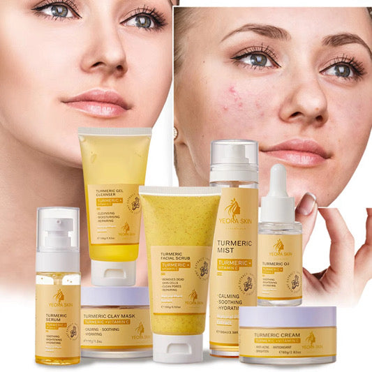 TURMERIC + VITAMIN C SKIN CARE Anti Acne Dark Spot SET 7pcs. Facial scrub,Gel cleanser,Clay mask, Toner,Serum,Facial oil