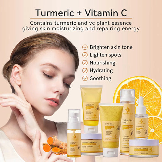 TURMERIC + VITAMIN C SKIN CARE Anti  Acne Dark Spot SET 7pcs. Facial scrub,Gel cleanser,Clay mask, Toner,Serum,Facial oil