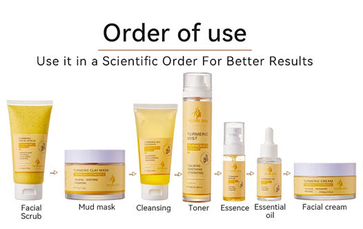 TURMERIC + VITAMIN C SKIN CARE Anti  Acne Dark Spot SET 7pcs. Facial scrub,Gel cleanser,Clay mask, Toner,Serum,Facial oil