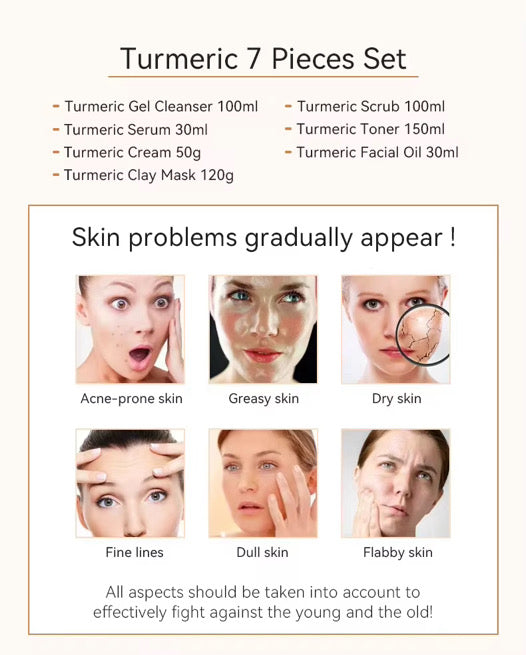 TURMERIC + VITAMIN C SKIN CARE Anti  Acne Dark Spot SET 7pcs. Facial scrub,Gel cleanser,Clay mask, Toner,Serum,Facial oil